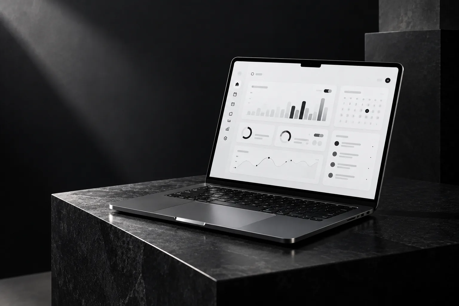 Original studio render of a laptop displaying a clean productivity dashboard